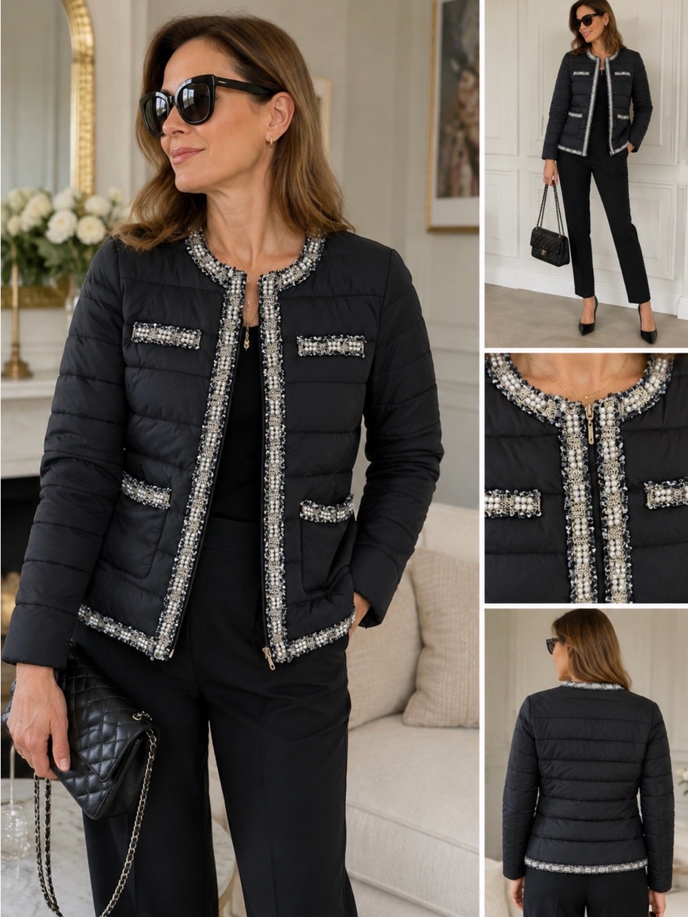 Elegant Black Quilted Jacket with Tweed Trim size M